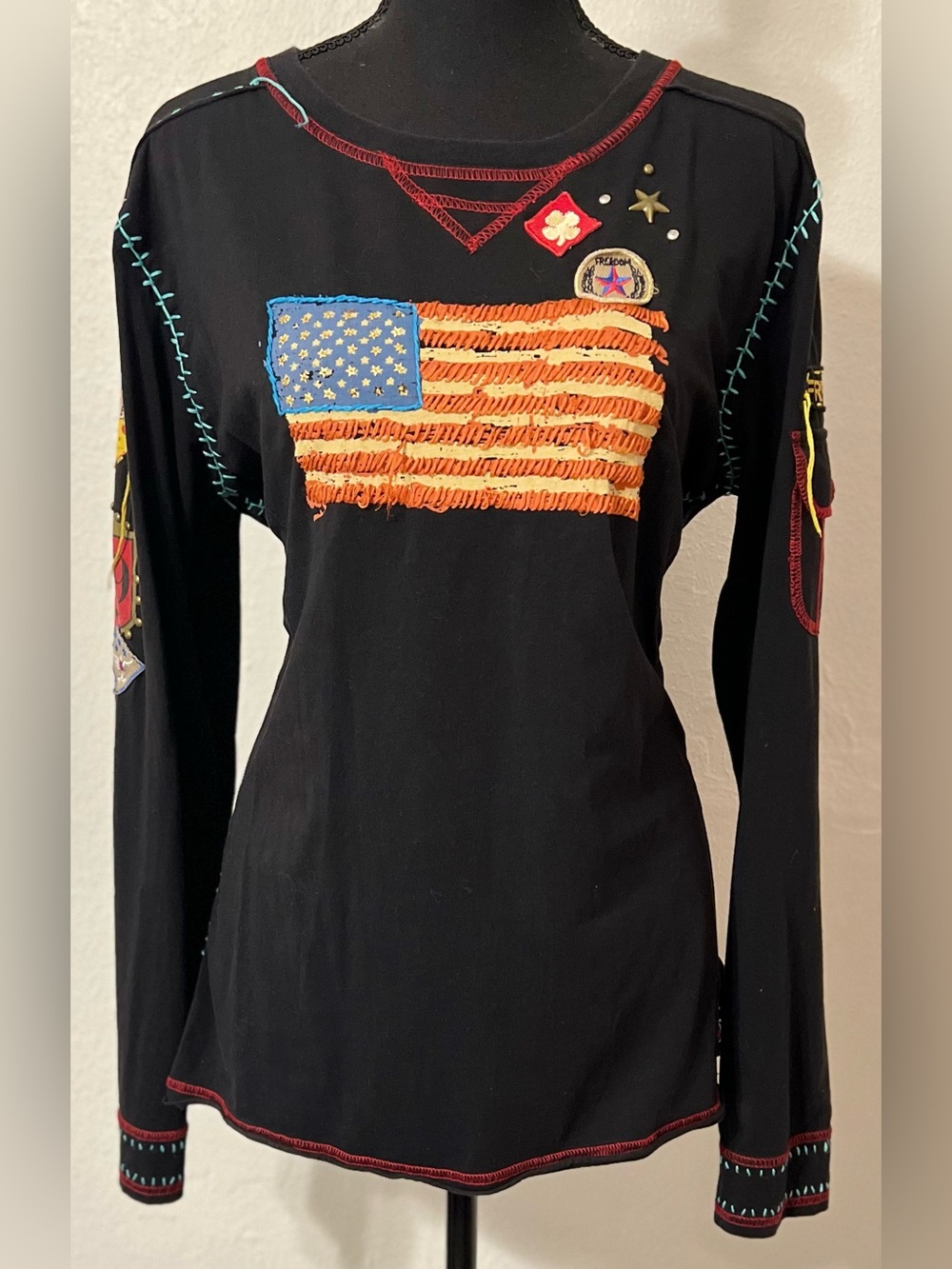 Vintage Double D Ranch Black Long-Sleeve Top with Embroidered Flag and Patchwork